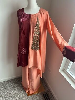 Peach & Maroon Embroidered Tunic Set
